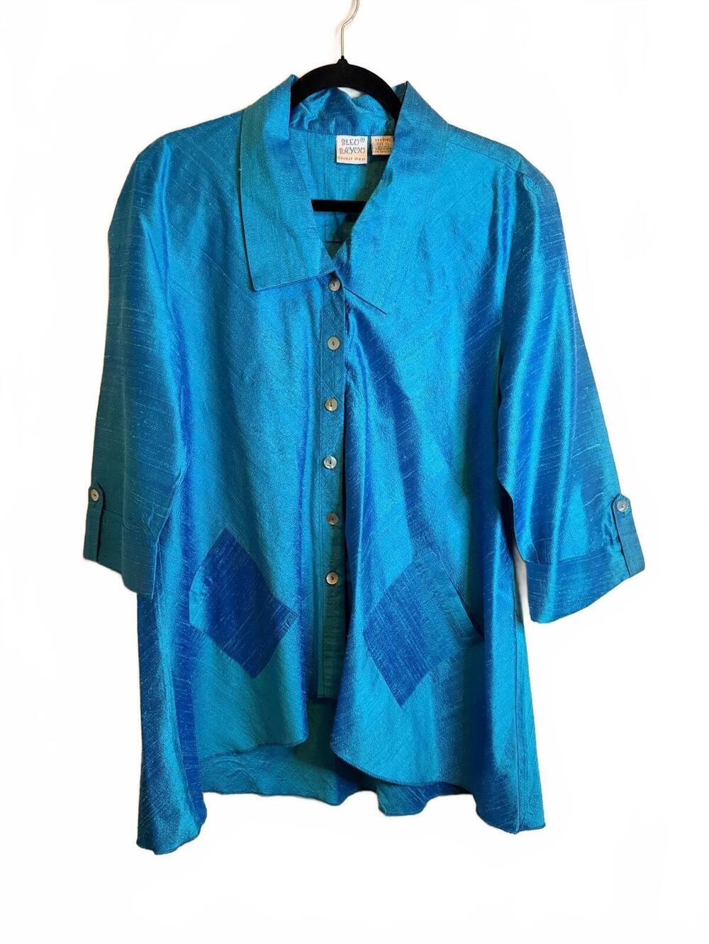 Bleu Bayou Casual Wear Blue Button-Up Silk Blouse XL
